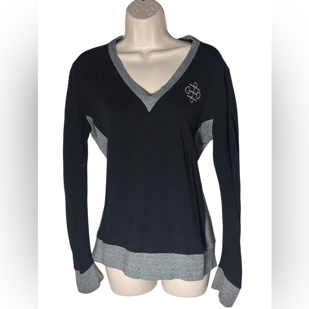 Two Bits Equestrian Horseback Riding V-neck Black And Gray Sweater Women Size 3